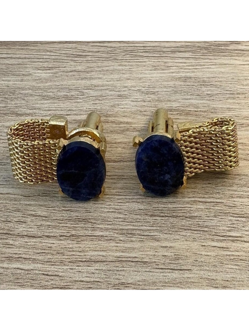 Vintage Dante Cufflinks Gold Tone Mesh Wrap Blue Cabochon Stone Mid Century